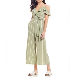 june & hudson Cold Shoulder Sage Green Striped Jumpsuit - Size Medium